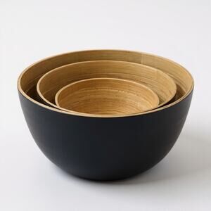 Two's Company Bamboo Nesting Bowls Set of 3 – Blue Solid Round Vintage